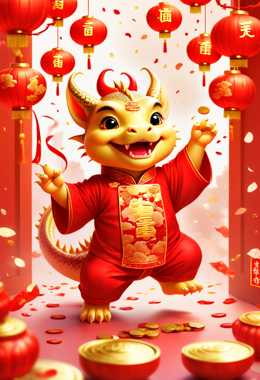 Chinese New Year, cute dragon cub, red clothes, gold coins, holding red envelope with text "hi", open door welcome, confetti, firecrackers, lanterns, strong festive atmosphere, Chinese greeting, Chinese elements, panoramic view, Ultra high saturation, (best quality, masterpiece, Representative work, official art, Professional, 8k)