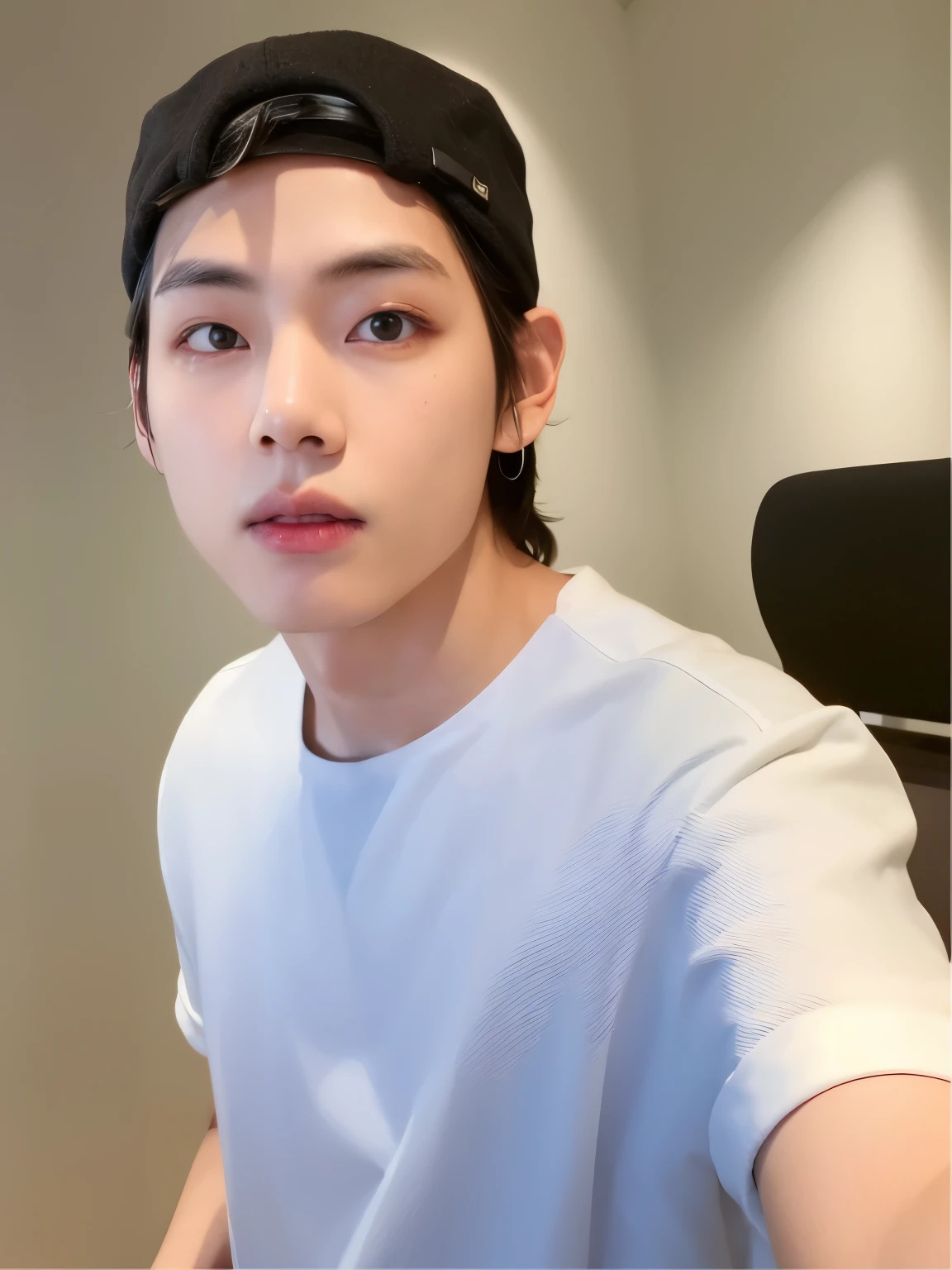 There's a man with a hat sitting in a chair, adorable and pale korean face, Taehyung Kim, pintar ulzzang, inspirado em Kim Taehyung, Taehyung, young pale angel, young lovely korean face, artista coreano, Kim Taehyung, Taehyung kim, Tae hyung, Taehyung Kim, hyung tae, inspirado em Kim Taehyung