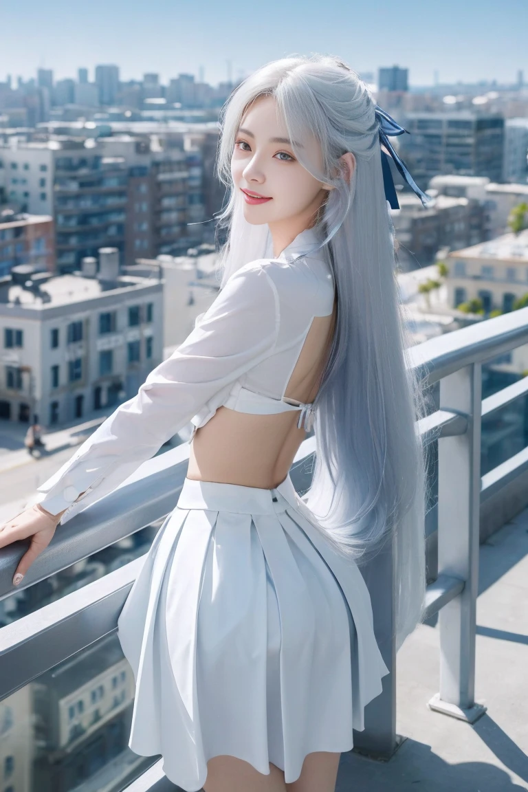 official art, masterpiece, Sharp focus beautiful gorgeous cute korean woman:1.3), (beautiful and cute korean:1.3), Korean beauty, exquisite beautiful hair、eyes and face, actual, Super detailed, beautiful girl, Luminous white particles, (side light:1.2), sunshine, Baiyun, Detailed cloud, Slender, buttocks, smile with teeth, ((smile with eyes, open your eyes)), landscape, long, straight hair, sexy facial expression, architecture, (city View:1.7), dynamic hair, Delicate white hair, Luminous Blue Eyelue Pleated Shirt + Short white skirt), white stockings, pale skin, hair accessories, epic landscape,night,Nice butt,,The skirt is lifted,露出buttocks,highest resolution,High heel,thin body,Peaceful。