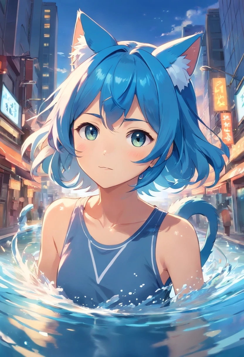 A woman with blue hair, cat ears, and a tail. Uses the power of the water element. Use weapons as magic tools Cheerful and cheerful personality