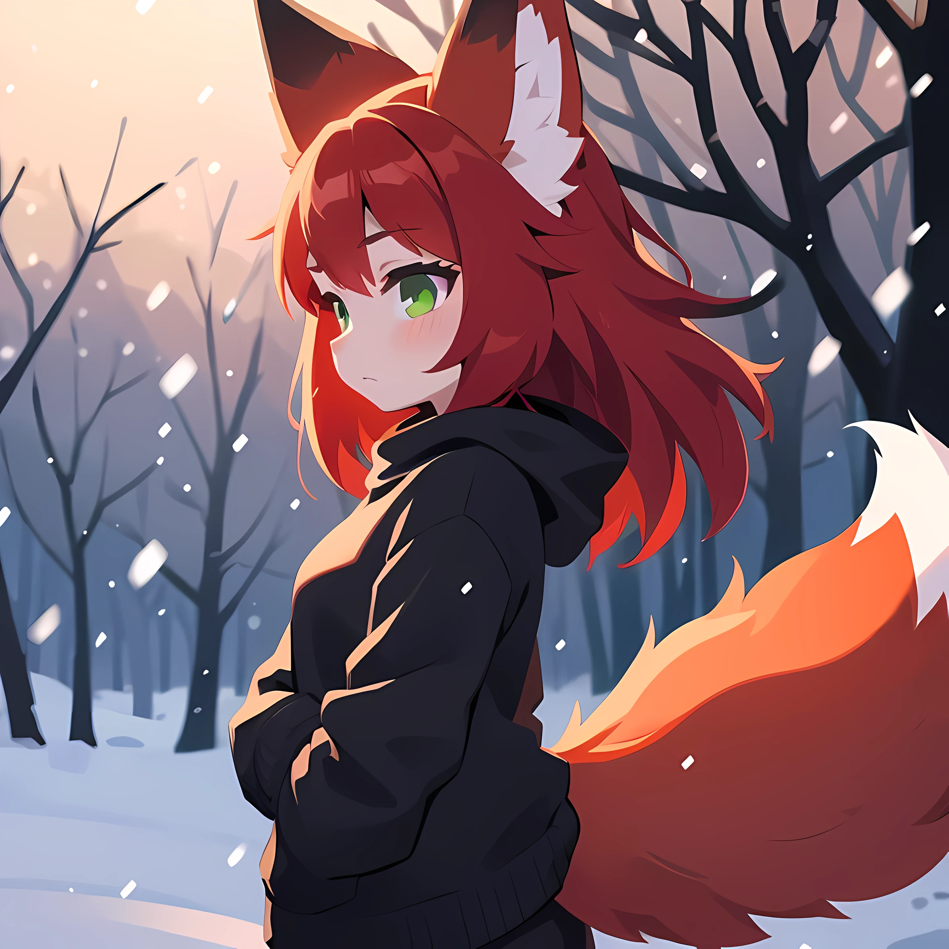 1girl, solo, red hair, green eyes, black clothes, adult, fox ears, fox tail, detailed, light skin, snow, from side