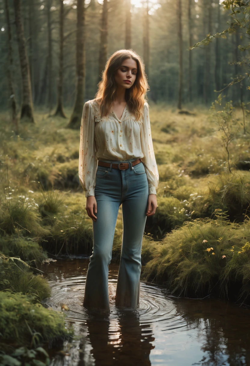 (highres,masterpiece:1.2),70s setting,worn-out flared muddy+wet jeans,blouse,girl,sinking+standing in forest bog,mysterious atmosphere,sunlight filtering through trees,dense vegetation,humid air,dainty wildflowers,overgrown moss,ethereal vibe,vintage film grain,soft focus,earth tones,warm and muted colors,frozen moment,melancholic mood,subtle sexuality,dreamy ambiance,secluded spot,nostalgic setting,hidden secrets,curiosity,serene and eerie,late afternoon sunbeams,submerged beauty