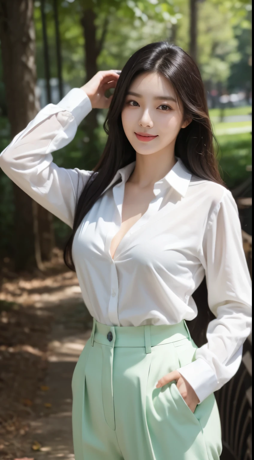 Foto hiperrealista en primer plano de Kim Ji-soo from Korea, masterpiece, best quality, (photorealistic:1.4), full body, Luxurious white long sleeves button-up shirt, light green luxury pants, woods, sunny day, cinematic light, beautiful woman, skinny, large big breasts, black long hair, detailed face, smile, facing the camera, photo taken from a distance, age of 25 years old