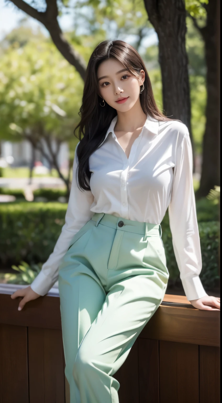 Foto hiperrealista en primer plano de Kim Ji-soo from Korea, masterpiece, best quality, (photorealistic:1.4), full body, Luxurious white long sleeves button-up shirt, light green luxury pants, woods, sunny day, cinematic light, beautiful woman, skinny, large big breasts, black long hair, detailed face, smile, facing the camera, photo taken from a distance, age of 25 years old