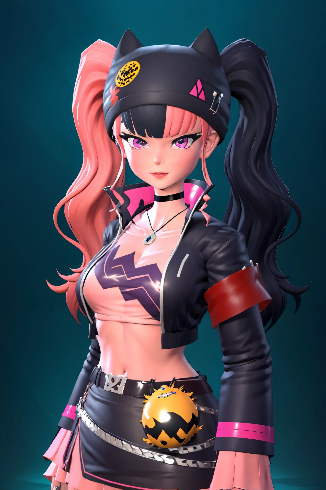 masterpiece, best quality,ZOE,1girl,jacket,multicolored hair,twintails,solo,black hair,black belt,black jacket,pink eyes,belt,hat,pink hair,choker,black choker,looking at viewer,crop top,jewelry,breasts,necklace,bangs,long hair,black headwear