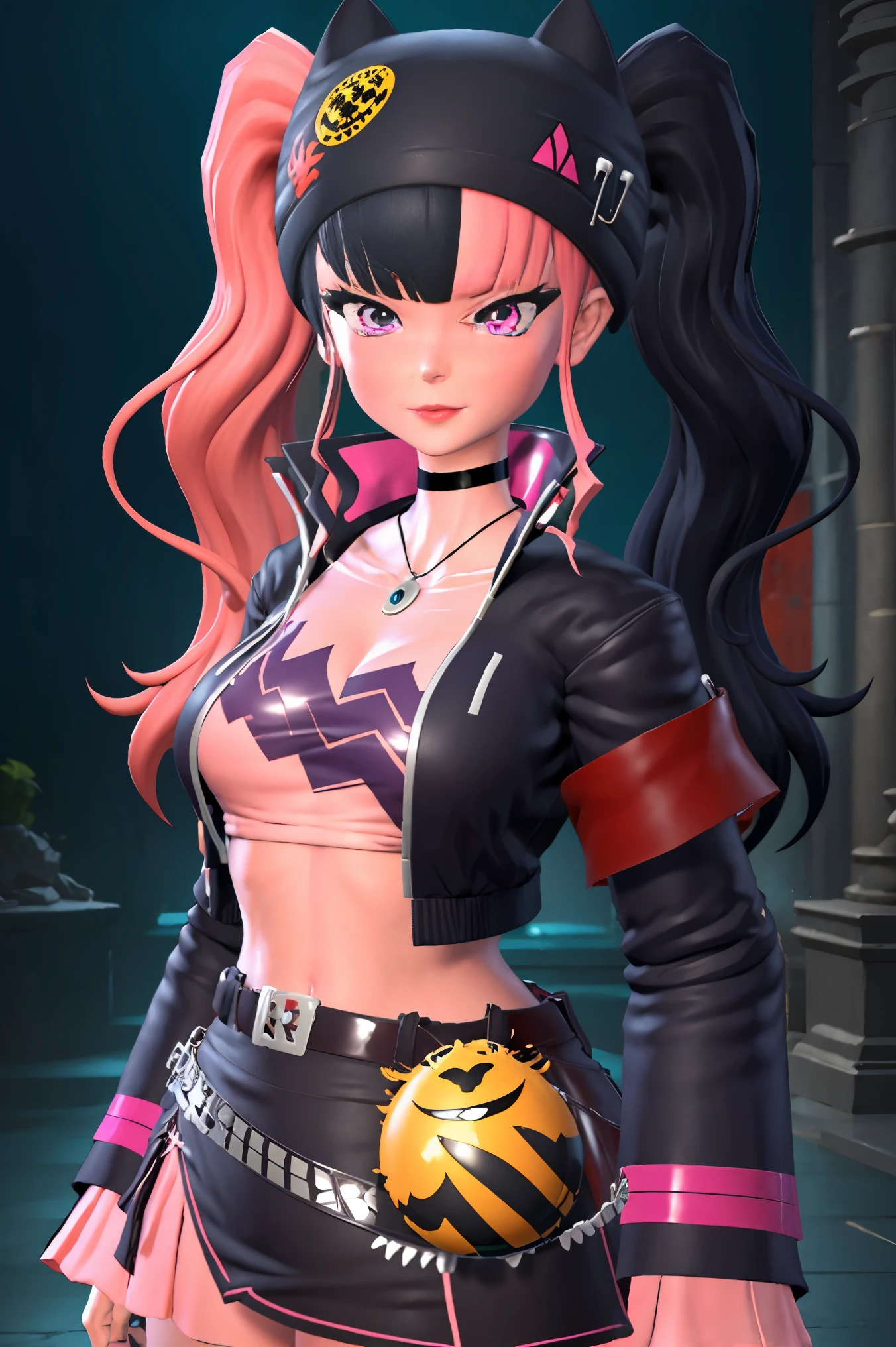 masterpiece, best quality,ZOE,1girl,jacket,multicolored hair,twintails,solo,black hair,black belt,black jacket,pink eyes,belt,hat,pink hair,choker,black choker,looking at viewer,crop top,jewelry,breasts,necklace,bangs,long hair,black headwear