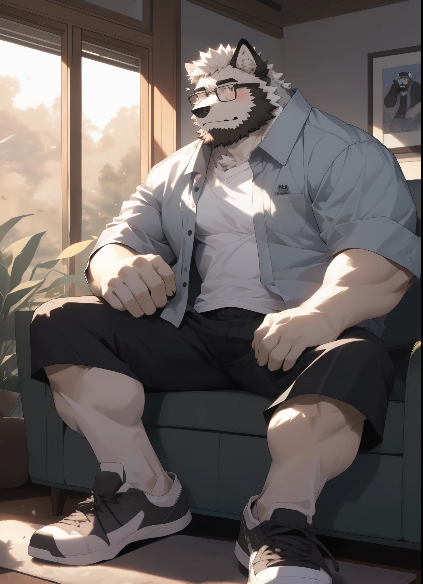 hairy,Wolf,Black-rimmed glasses,Short white sleeves on the upper body,Lower body sports shorts,white socks,White beard,There are scars on the face,golden fur,male,Common,full-body shot, dynamic poses,in the living room,Sitting on the sofa,stepping on blanket,Fallen leaves drifted into the room outside the window,Detailed background,极其lifelike阴影,masterpiece,Very detailed,lifelike