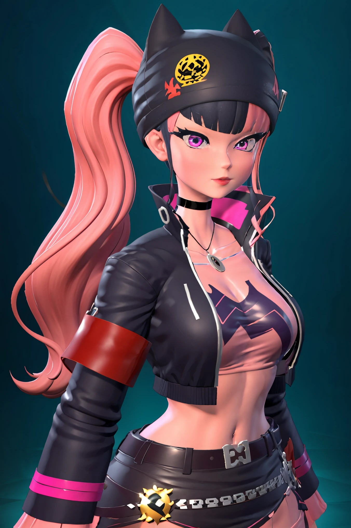 masterpiece, best quality,ZOE,1girl,jacket,multicolored hair,twintails,solo,black hair,black belt,black jacket,pink eyes,belt,hat,pink hair,choker,black choker,looking at viewer,crop top,jewelry,breasts,necklace,bangs,long hair,black headwear