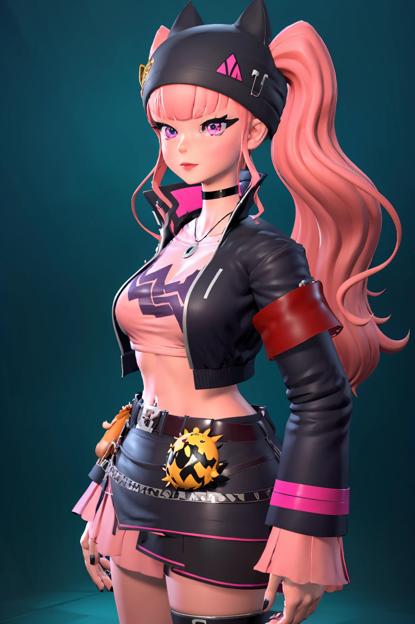 masterpiece, best quality,ZOE,1girl,jacket,multicolored hair,twintails,solo,black hair,black belt,black jacket,pink eyes,belt,hat,pink hair,choker,black choker,looking at viewer,crop top,jewelry,breasts,necklace,bangs,long hair,black headwear