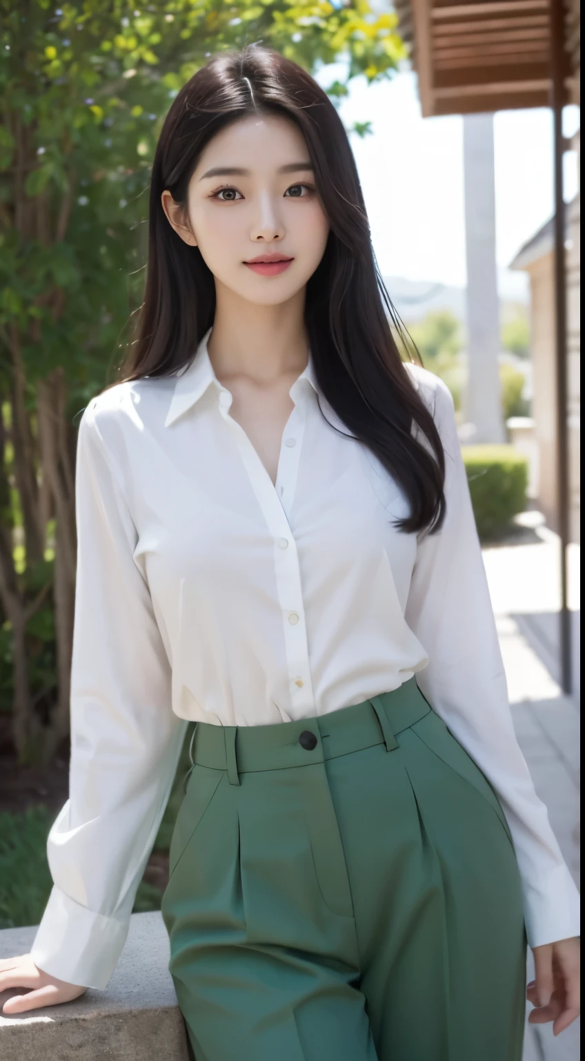 Foto hiperrealista en primer plano de Kim Ji-soo from Korea, masterpiece, best quality, (photorealistic:1.4), full body, Luxurious white long sleeves button-up shirt, light green luxury pants, woods, sunny day, cinematic light, beautiful woman, skinny, large big breasts, black long hair, detailed face, smile, facing the camera, photo taken from a distance, age of 25 years old