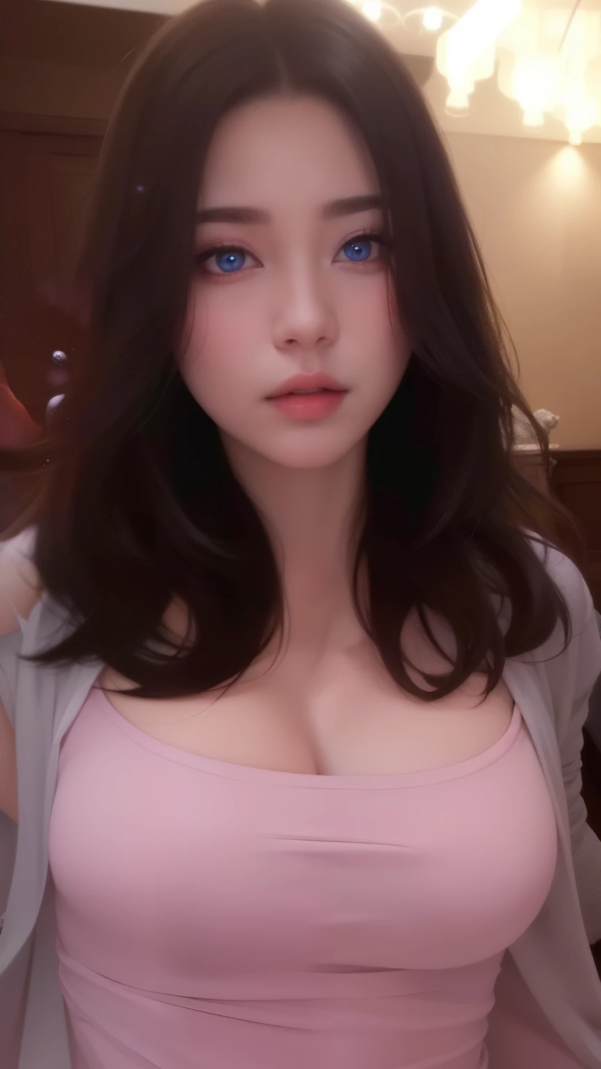 Beautiful big breastokeh), indoors, detailed luxury living room, gentle and charming beautiful goddess, Korean(kpop-idol), solo, necklace, oval face, double eyelids, smart, good hands, good feet, Natural, (from below angle), (glossy skin:1.05), ((low angle)), Perfect figure, (64k, UHD, RAW photo, best quality, masterpiece:1.4), (realistic, photo-realistic:1.37), ultra high res, photon mapping, radiosity, physically-based rendering, professional soft lighting, blue eyes, purpel hair