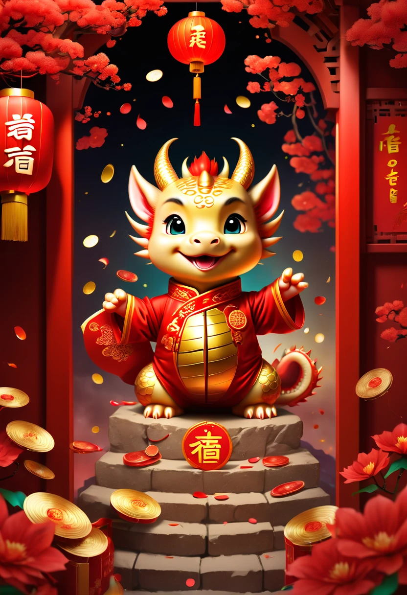 Chinese New Year, cute dragon cub, red clothes, gold coins, holding red envelope with text "2024", logo "2024", open door welcome, confetti, firecrackers, lanterns, strong festive atmosphere, Chinese greeting, Chinese elements, panoramic view, Ultra high saturation, (best quality, masterpiece, Representative work, official art, Professional, 8k)