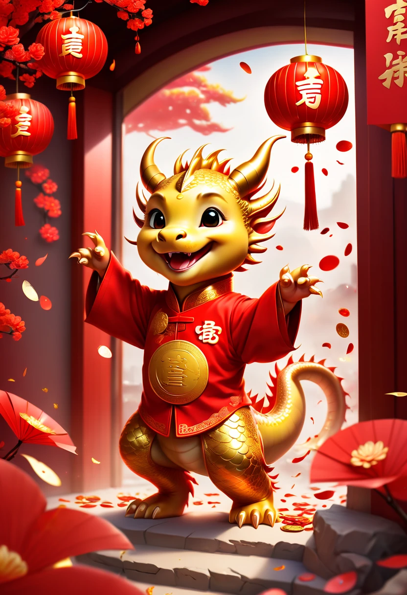 Chinese New Year, cute dragon cub, red clothes, gold coins, holding red envelope with text "2024", logo "2024", open door welcome, confetti, firecrackers, lanterns, strong festive atmosphere, Chinese greeting, Chinese elements, panoramic view, Ultra high saturation, (best quality, masterpiece, Representative work, official art, Professional, 8k)