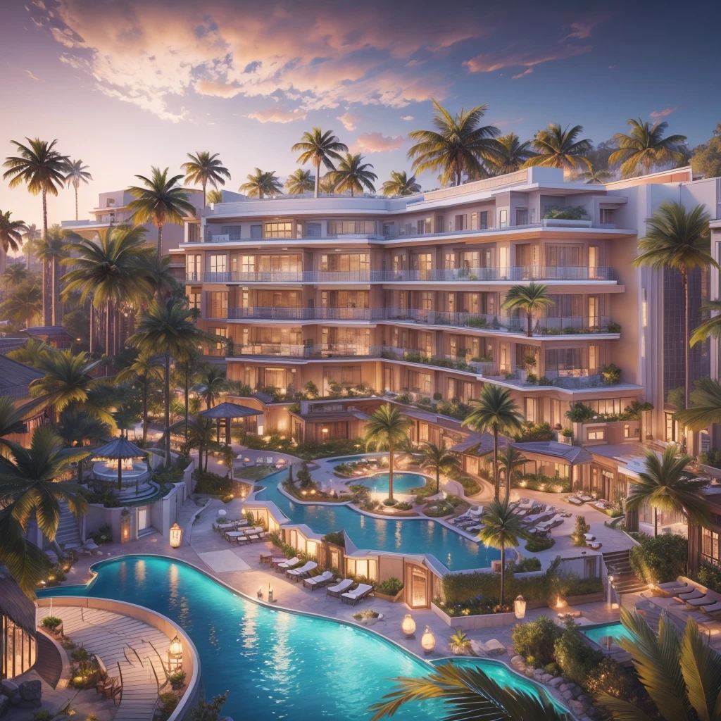 5Star luxury resort hotel, I can see the sea, Palm tree, (highest quality,4K,8K,High resolution,masterpiece:1.2),Super detailed