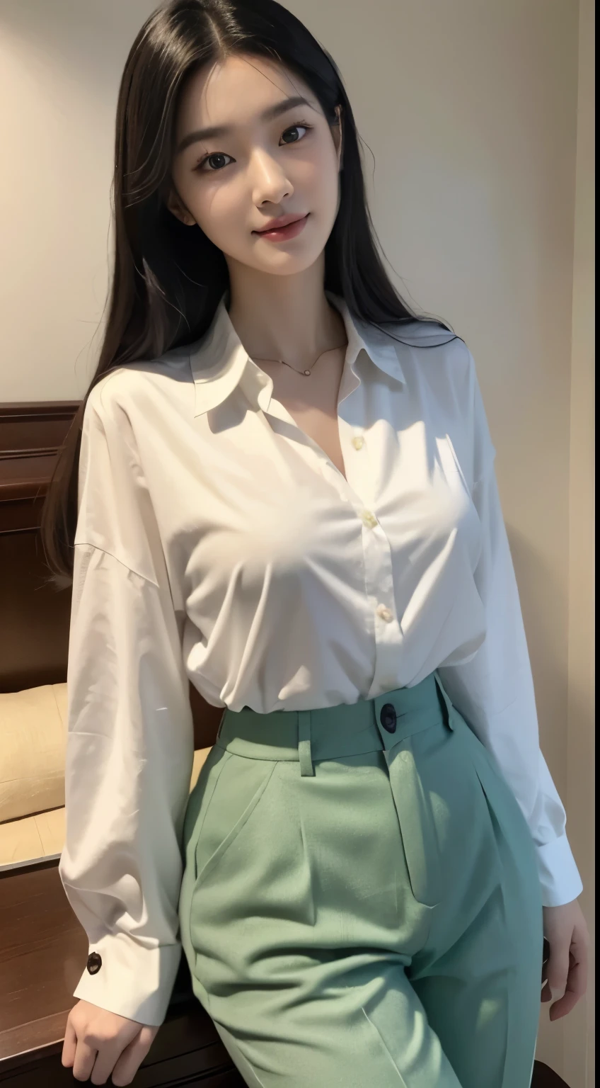 (best qualtiy,A high resolution,tmasterpiece:1.3),A tall and beautiful woman,Slender abs,Dark brown hair in loose wavy styling,nedium breasts,white button-down blouse,a black pleated skirt,(Modern architecture in background),The details in the facial and skin textures are beautifully rendered,Detailed eyes,Double eyelid clothes with Shandong written on it