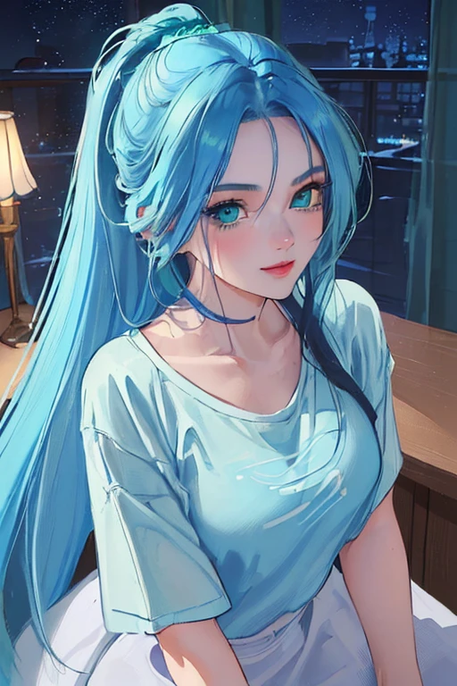 (((1 woman)))、(Top Resolution、Distinct_image) Best quality、(((Pop art)))、1990-е годы、((colorful background))、((illuminating))、very detailed、semi-realistic、skyblue hair、(long blue hair、smile、15 years、young、((facial features in a t-shirt facial features、Bottom view、((Detailed green eyes)), long blue hair, fashion clothes, fille russe aux cheveux light blue hair,  Night, Dark kitchen, nightwithout light, moonlight,  girl’s beautiful, surprise, 