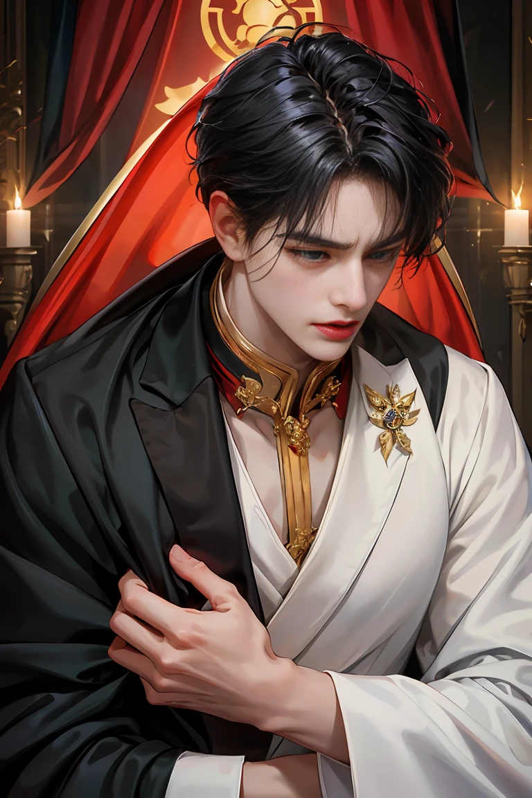 masterpiece, 最high quality, high quality, 1 boy, alone, male focus, looking at the viewer, whole body, Winning spirit_destiny, Dirty black hair, blue adorable big eyes, white people, Noble, Noble, Noble的な吸血鬼、classy tuxedo,with a big collar、very large and long red and black cloak, 20-year-old,cute beautiful boy,cute cute crying face