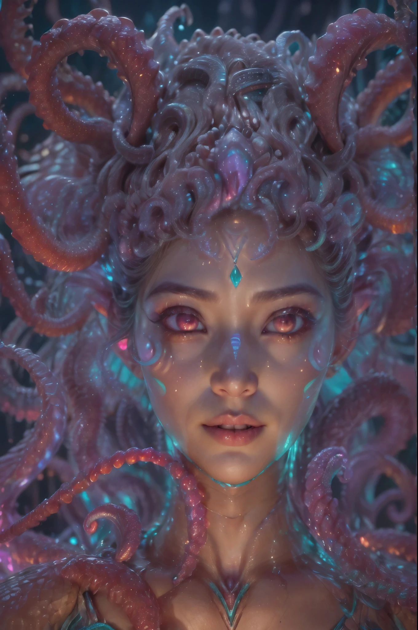 (1 beautiful and obscene female alien:1.4), (There is a female genital-like organ in the middle of her forehead:1.95), She has medusa-like hair, (there are lots of translucent tentacles from her head like her hair:1.5), (vulgarity1.7), (she is looking at viewers with glowing red eyes with no pupils:1.6), (She has translucent pale skin:1.4),(She has the most beautiful face in the history of the universe:1.2), (She has multiple bioluminescent organs on the side of her tentacles:1.4), (Her body is covered with an iridescent exoskeleton:1.4), (She is showing her arm pits:1.6), an evil gaze that seduces, (looking down at viewers:1.4),(Vampire-like long canine teeth can be glimpsed through the gap between the cute lips:1.4) (bio luminescent:1.4), (Smile wickedly:1.3), (sexypose:1.4), alien, No humans, cells are fused, extraterrestrial, cell, bio image, ultra high resolution, (photos realistic:1.7), (Numerous award-winning masterpieces, with incredible detail, textures and maximum detail), Dramatic Lighting, cinematic quality, (exquisite details:1.2), High freshness, drawing faithfully, (Thick eyebrows:1.2), Beautiful eyes with fine symmetry,(Highly detailed face and eyes:1.2),(Super detailed skin quality feeling:1.4), perfect anatomy, (Beautiful toned body:1.5), (Moist skin:1.2), not wearing makeup, (dark circles:1.1), long canines, cinematic drawing of characters, cinematic quality, (exquisite details:1.2), high resolution, High freshness, drawing faithfully, official art, Unity 8K Wall paper, ultra detailed artistic photography, midnight aura, unreal engine 5, Ultra Sharp Focus, art by Amano Yoshitaka, ArtGerm, ultra realistic realism, dream-like, Creation of fantasy, dream Snail, (biopunk nautilus:1.3),Thrilling color schemes, seductively smiling, Amazing mutation, well-proportioned body, goddess of the deep sea, fractal, Geometric pattern, impossible figures, subtle emerald green accents, (expression of ecstasy:1.4)