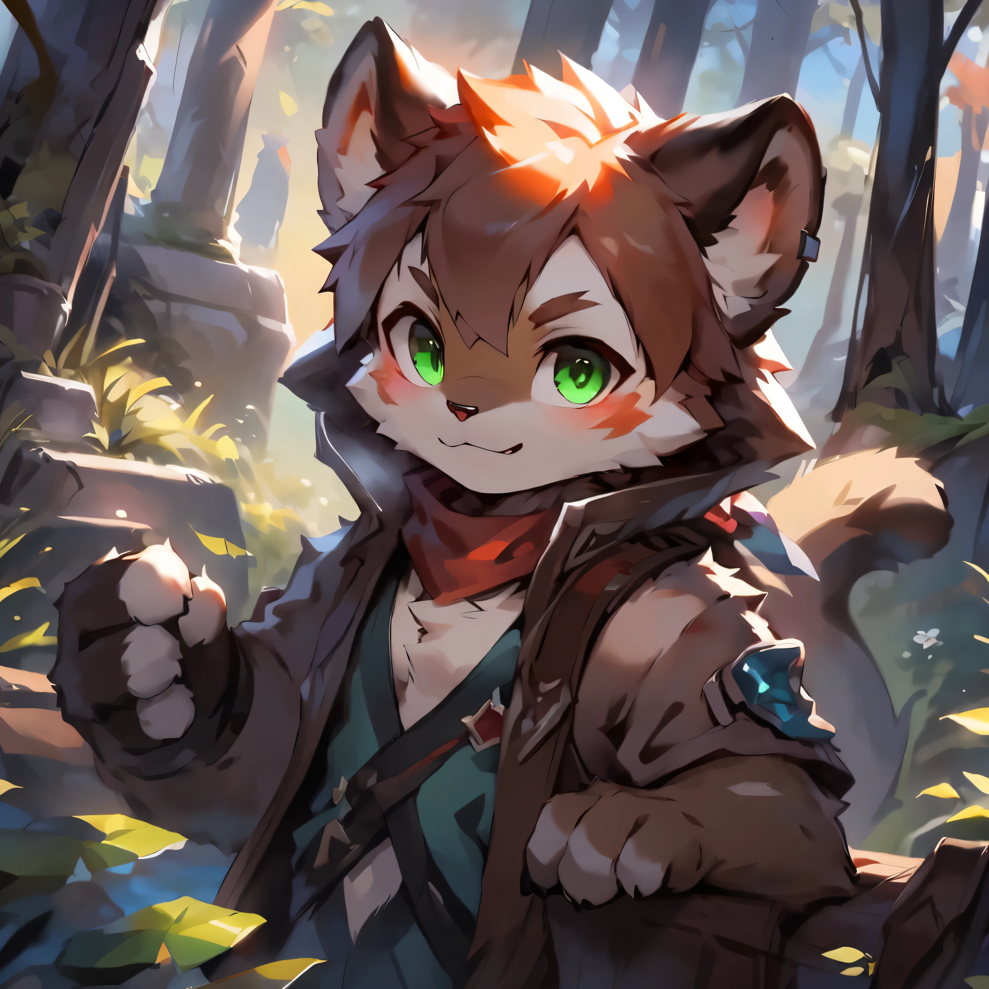 A charming male wHellote kitten is alone in the forest, There are no other characters around. His fur is entirely wHellote, Including hair and other places.他有明亮的水绿色眼睛和极其hairy大尾巴. He wears a light beige outfit with a tHellon red scarf. Sunlight shines through the treetops, casting beams of light on Hellos face. Kitten looks ahead,Cute and slightly excited expression, Get ready for the upcoming forest adventure.Break anthropology,hairy,wild,(Digital media \(a work of art\):1.2),(Hello,It's notHellong,Ridiculous resources:1.2),perfect anatomy,anatomically correct,detailed,detailed face,detailed eyes,(realistic fur,detailed fur:1.25),detailed background,amazing background. rest (author:Puinki \(artist\):1.2),(author:Unreal Land,author:Kuroi Junmi,author:milkytiger1145,author:Morkey,author:Emolga 1,Through oocysts:1.2),(author:Xia Huaiting:0.8),(by Pino Deheni:0.8),(author:Sios SHelloru:0.8),(by Chun Ni:0.8).