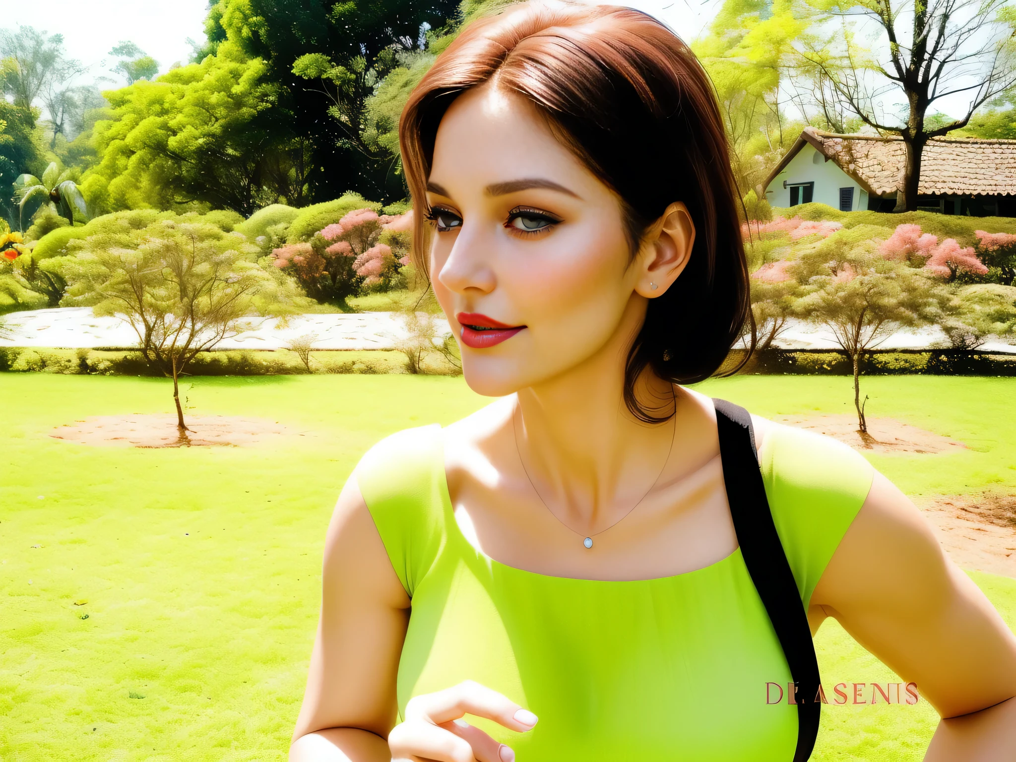 tem uma mulher parada num parque segurando um celular, em um parque, Uma mulher com pele branca bronzeada e cabelos escuros. ela tem cerca de 35 anos. Your slightly plump lips are like a delicate flower, o marrom escuro dela, olhos grandes e encantadores parecem conter um mundo de maravilhas. Corpo fino. cintura fina. Your body exudes glamor and your face is the definition of beauty. teste, Altamente realista, pele avermelhada, Lindo, soft lips, batom cor de rosa, sorridente, feeling of lightness and joy, hiperrealismo, pele muito elaborada, olhar direto. foto de corpo inteiro, Limpar foto, alta qualidade, high resolution, obra de arte, 8k