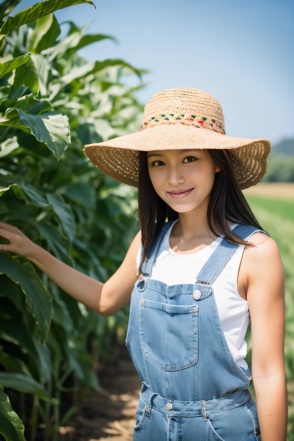 Woman working in a corn field White T-shirt Straw hat Farmer Very beautiful Japanese women Woman looking up at the sky Angle from a little below Wiping away sweat with a bright smile Clear skies summer Shining Sun Best Image Highest quality Mizuki Shigeru style illustration
