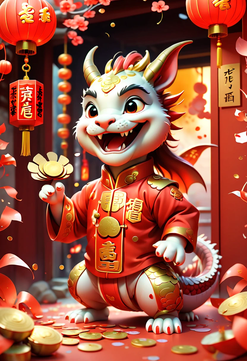 Chinese New Year, cute dragon cub, red clothes, gold coins, red envelopes, text "2024", logo "2024", open door welcome, confetti, firecrackers, lanterns, strong festive atmosphere, Chinese greeting, Chinese elements, panoramic view, Ultra high saturation, (best quality, masterpiece, Representative work, official art, Professional, 8k)