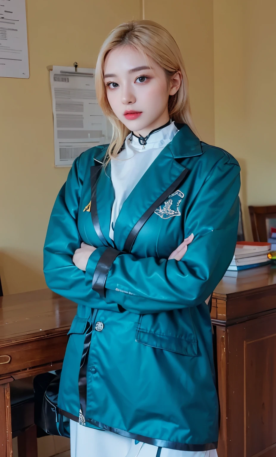 1人の女性、Korea person、Korean Beauty、leather jackets、corsets、a choker、Crotch chuck、intricate detailes、hightquality、(High class:1.4)、super realistic 8K、face perfect、Perfect、clean、​masterpiece、Professional artwork、famousartwork、face perfect、Beautiful expression、beautidful eyes、hijab、very Bigger breasts、clothes shiny、model poses、Ultra-realistic 4K、Top image quality、