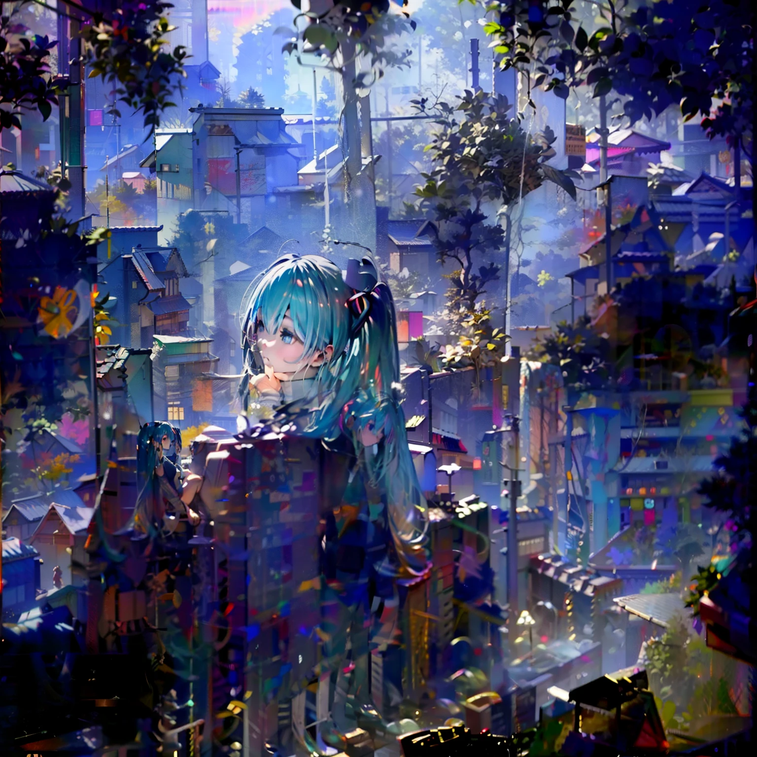 Hatsune Miku with empty eyes, profile, full body, city, daytime