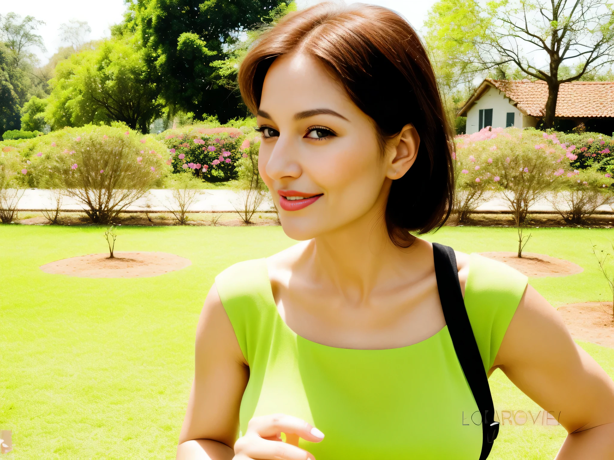 tem uma mulher parada num parque segurando um celular, em um parque, Uma mulher com pele branca bronzeada e cabelos escuros. ela tem cerca de 35 anos. Your slightly plump lips are like a delicate flower, o marrom escuro dela, olhos grandes e encantadores parecem conter um mundo de maravilhas. Corpo fino. cintura fina. Your body exudes glamor and your face is the definition of beauty. teste, Altamente realista, pele avermelhada, Lindo, soft lips, batom cor de rosa, sorridente, feeling of lightness and joy, hiperrealismo, pele muito elaborada, olhar direto. foto de corpo inteiro, Limpar foto, alta qualidade, high resolution, obra de arte, 8k
