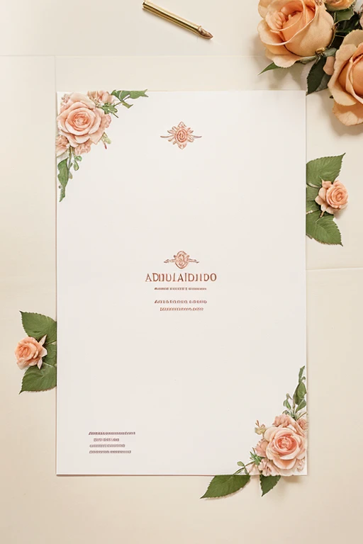 A white letterhead with roses whose petals are peach, folhas verde-eucalipto, adornando o topo e a parte de baixo da folha. The image will be used in a wedding invitation.