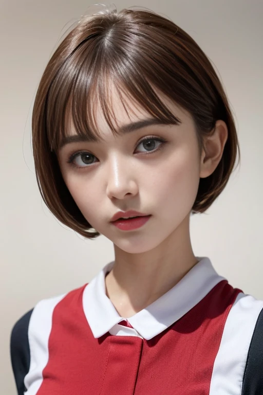 ((top-quality)),(​masterpiece:1.4),Raw photography,8K,((Top image quality)), ((Top resolution)),Beautiful face in every detail,Very detailed,Gentle expression,(One lady:1.3 ),realisitic,photo realisitic,(Bery short hair:1.4),(Beautuful Women),(cute Japanese girls:1.3),(mannish),((Pretty Woman)),(Beautiful hair),((dark brown  hair)),(((Red cheeks))),((Her eyes are big)),20-year-old beauty,(her face is small:1.7),small head,((long neck)),pale skin,Spot-free skin,With bangs,Everyone longs for,Japanese Beautuful Women,(eight heads tall),((basketball red uniform, sleeveless)),
