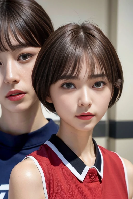 ((top-quality)),(masterpiece:1.4),Raw photography,8K,((Top image quality)), ((Top resolution)),Beautiful face in every detail,Very detailed,Gentle expression,(One lady:1.3 ),realisitic,photo realisitic,(Bery short hair:1.4),(Beautuful Women),(cute Japanese girls:1.3),(mannish),((Pretty Woman)),(Beautiful hair),((dark brown hair)),(((Red cheeks))),((Her eyes are big)),20-year-old beauty,(her face is small:1.7),small head,((long neck)),pale skin,Spot-free skin,With bangs,Everyone longs for,Japanese Beautuful Women,(eight heads tall),((basketball red uniform, sleeveless)),