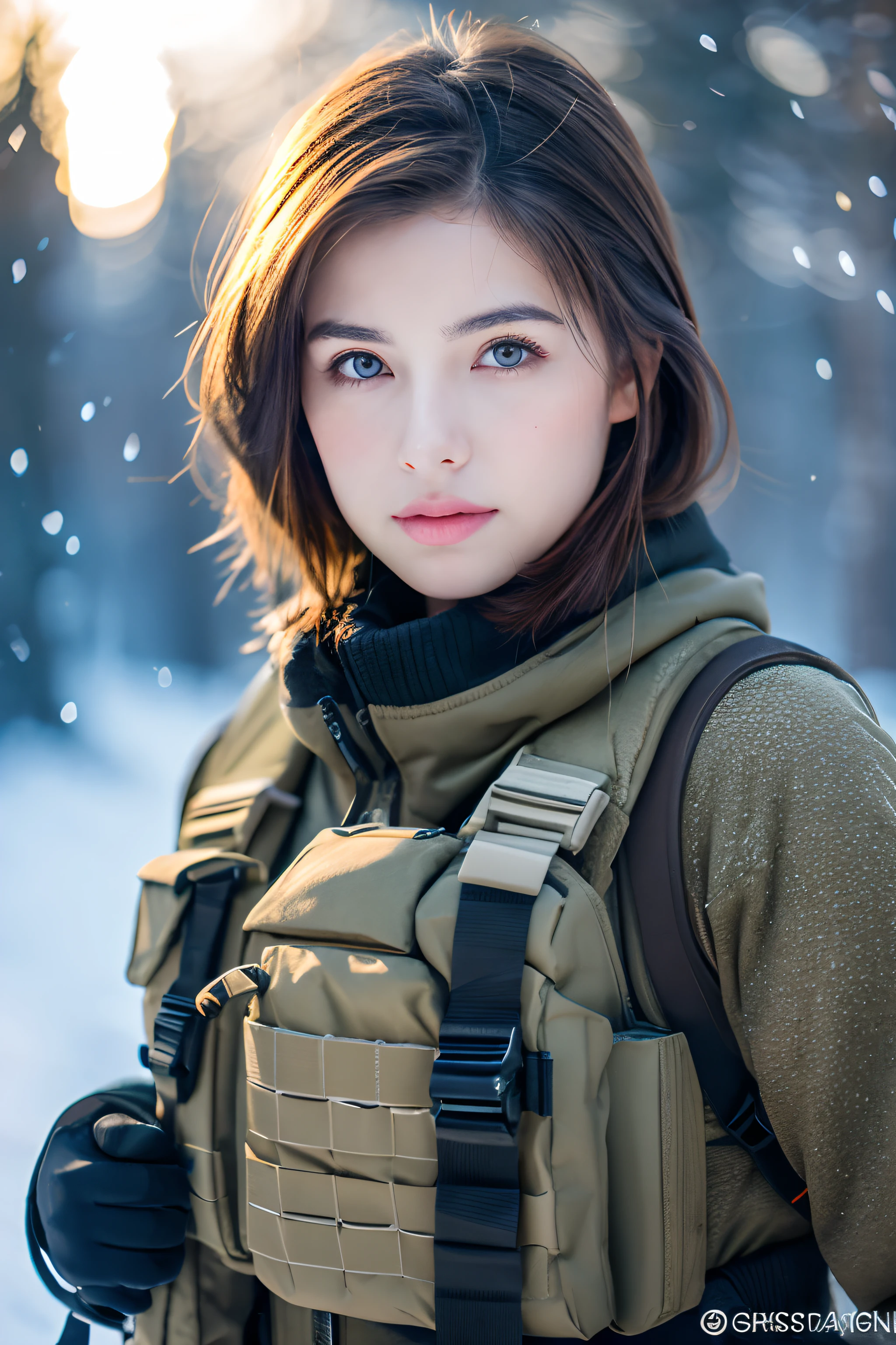 (photorealistic), beautiful lighting, best quality, realistic, full body portrait, real picture, intricate details, depth of field, 1girl, in a cold snowstorm, A very muscular solider girl with haircut, wearing winter camo military fatigues, camo plate carrier rig, combat gloves, (magazin pouches), (kneepads), highly-detailed, perfect face, blue eyes, lips, wide hips, small waist, tall, make up, tacticool, Fujifilm XT3, outdoors, bright day, Beautiful lighting, RAW photo, 8k uhd, film grain, ((bokeh))