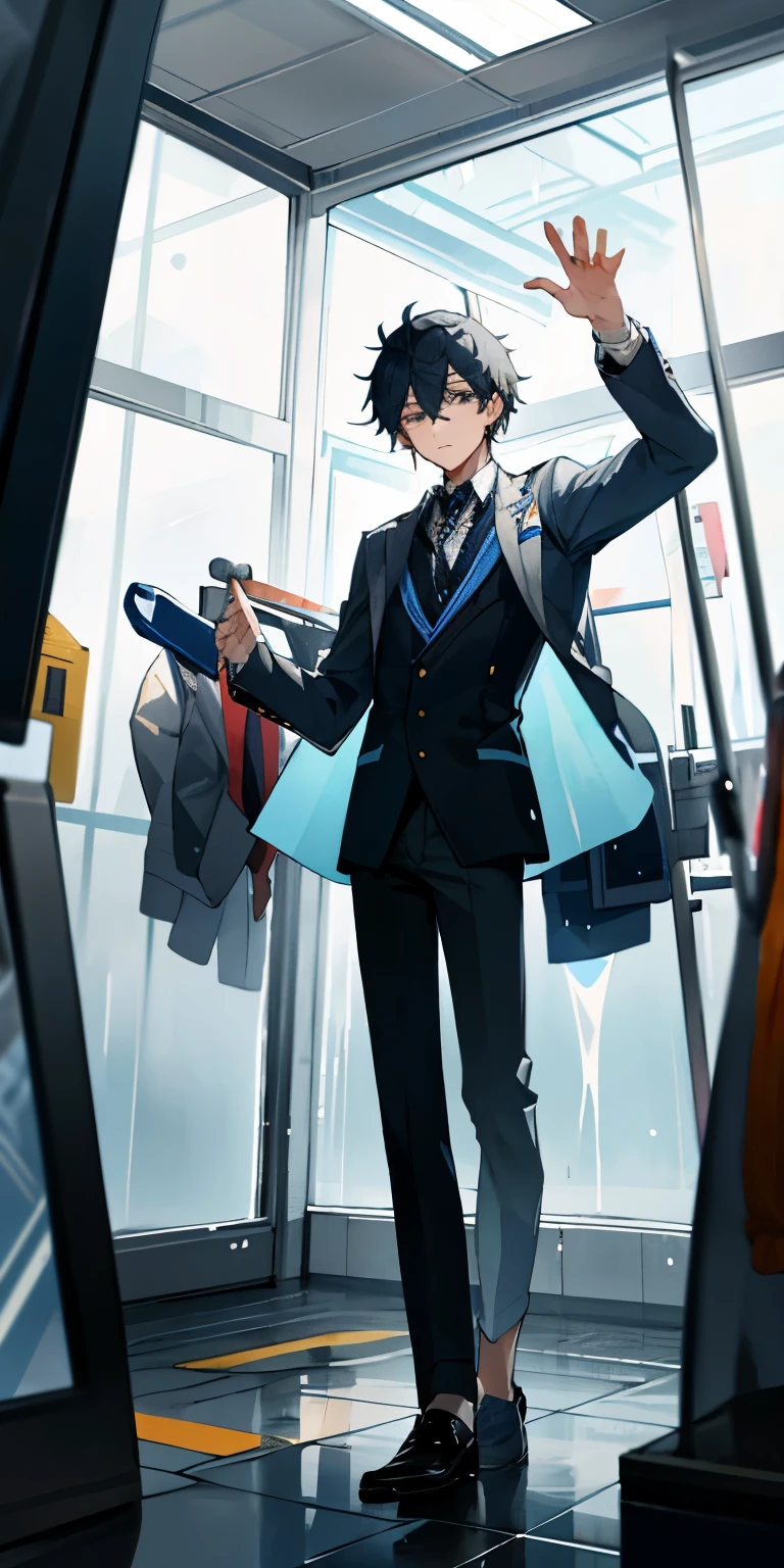 A male high school student wears，Clothes and pants were soaked until they were transparent，One hand is taking off shoes，One hand touched