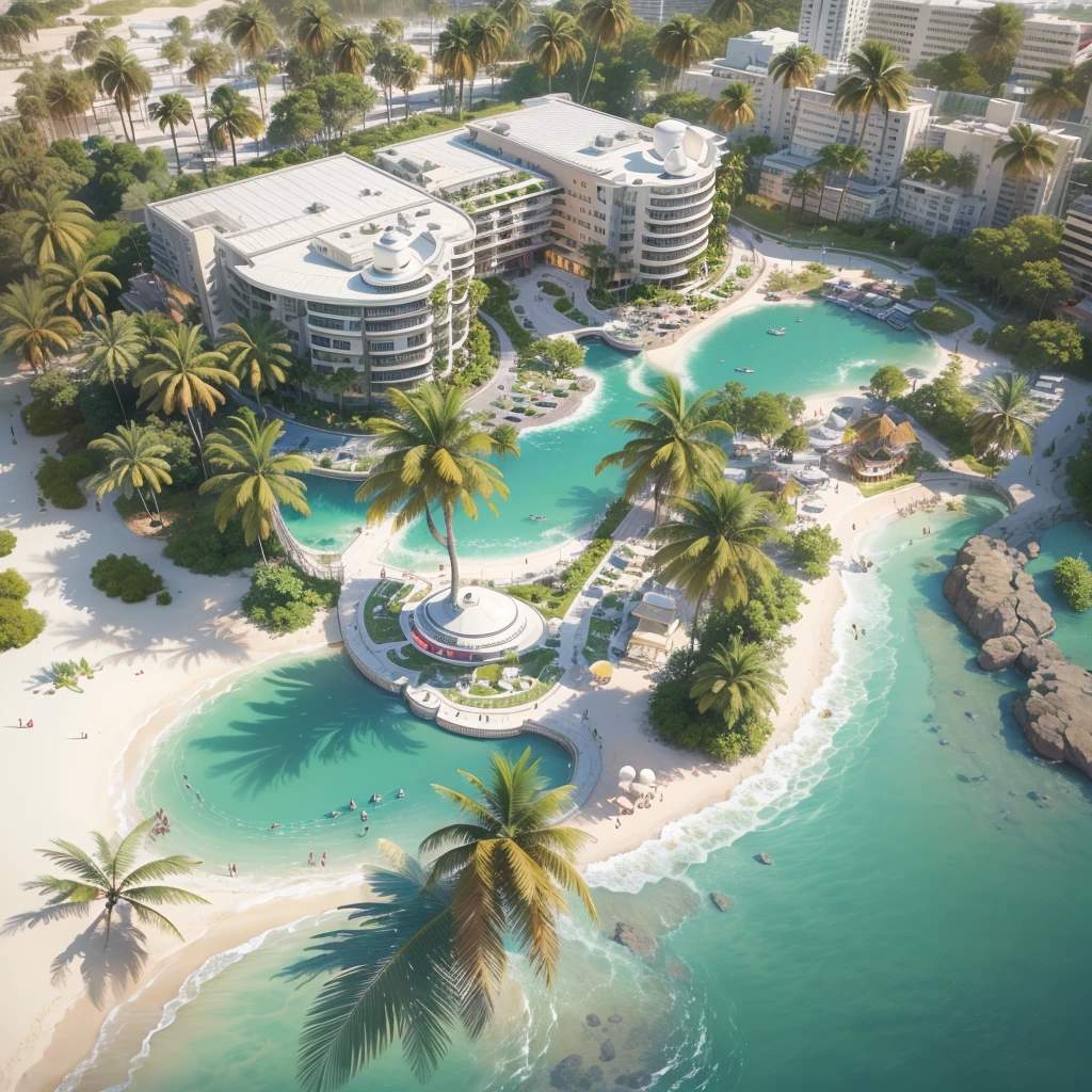 ５Star luxury resort hotel, white sand beach, Palm tree, (highest quality,4K,8K,High resolution,masterpiece:1.2),Super detailed