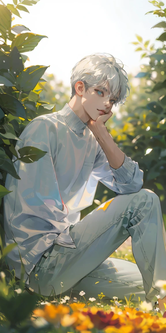 (masterpiece, best quality), 1 man with short white hair sitting in a field of green plants and flowers, his hand under his chin, warm lighting, white clothes, white pants, blurry foreground