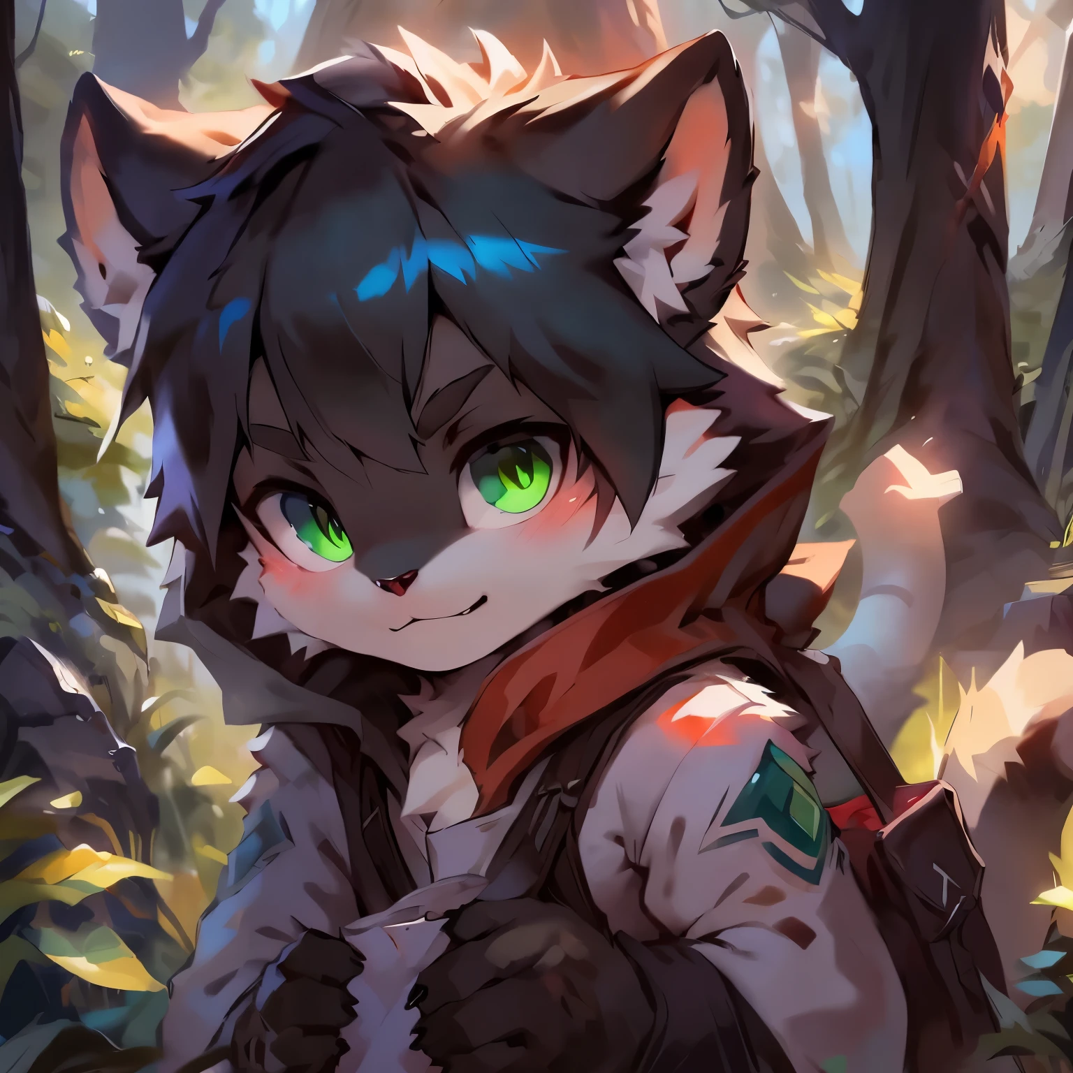 A charming male white kitten is alone in the forest, with no other characters around. His fur is entirely white, including hair and others palce.He has bright aqua-green eyes and an extremely fluffy large tail. He wears a light beige outfit with a thin red scarf. Sunlight filters through the treetops, casting beams of light on his face. The kitten looks ahead with an adorable and slightly excited expression, ready for the upcoming adventure in the forest.break anthropology,Furry,feral,(Digital media \(artwork of a\):1.2),(hi,It's nothing,absurd res:1.2),Perfect anatomy,Anatomically correct,Detailed,Detailed face,Detailed eyes,(Realistic fur,Detailed fur:1.25),Detailed background,amazing background. Break (author:Puinki \(artist\):1.2),(author:Unreal Land,author:Sumi Kuroi,author:Milk Tiger 1145,author:Morkey,author:Emolga 1,Through oocysts:1.2),(author:Xia Huaiting:0.8),(by Pino Daeni:0.8),(author:Sios Shiru:0.8),(by Chunie:0.8).