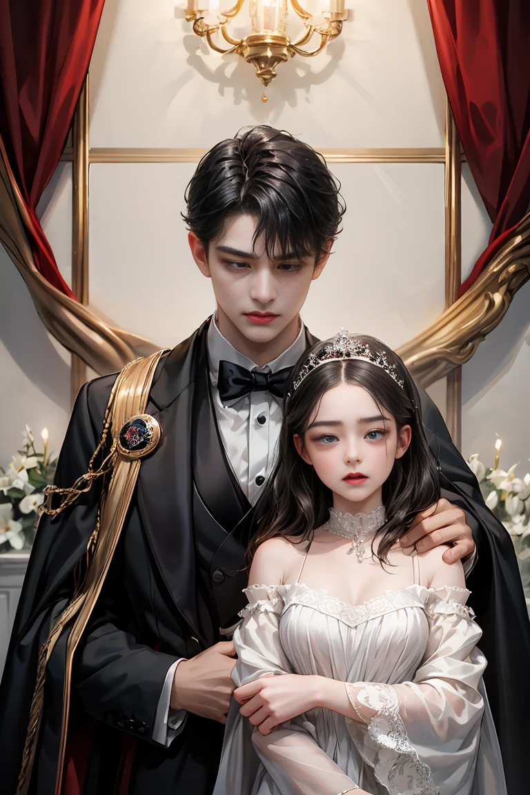 
masterpiece, 最high quality, high quality, 1 boy, alone, male focus, looking at the viewer, whole body, Winning spirit_destiny, Dirty black hair, blue adorable big eyes, white people, Noble, Noble, Noble的な吸血鬼、classy tuxedo,with a big collar、very large and long red and black cloak, 20-year-old,cute beautiful boy,cute cute crying face