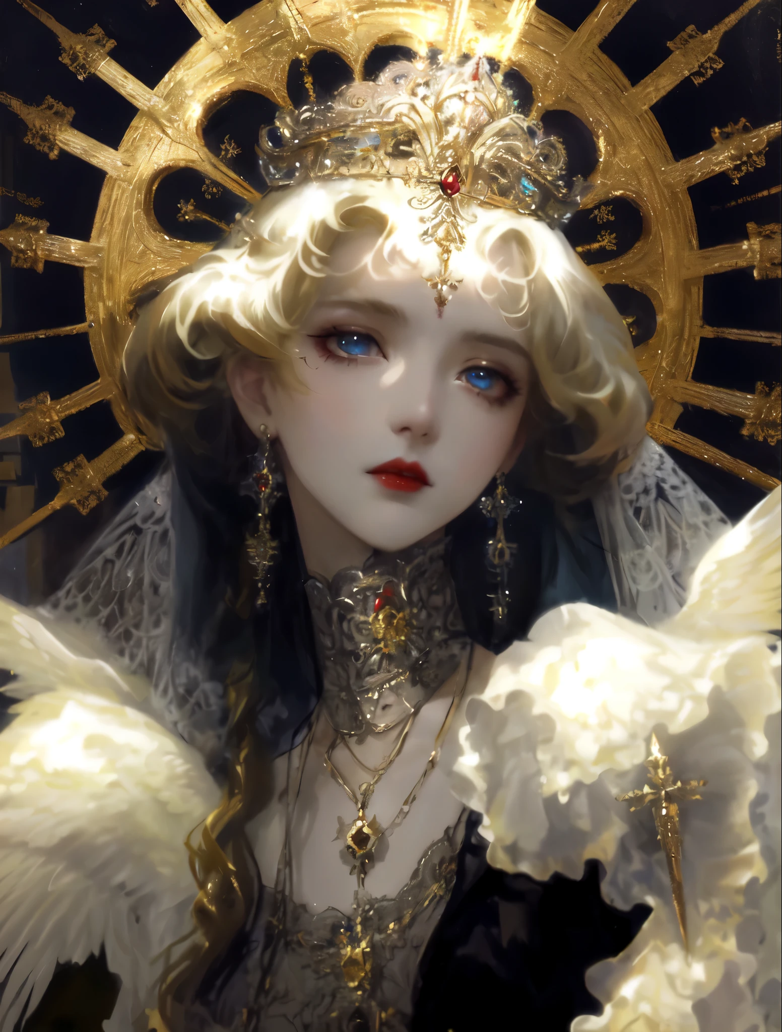One is wearing a skirt、woman wearing crown and wings, Gurwitz Masterpiece, guweiz, guweiz style artwork, guweiz on pixiv artstation, guweiz on artstation pixiv, intricate Wallop, loish and Wallop, Wallop art, baroque figures, art of Wallop, Wallop |,beautiful light blue eyes,red lips,pale skin