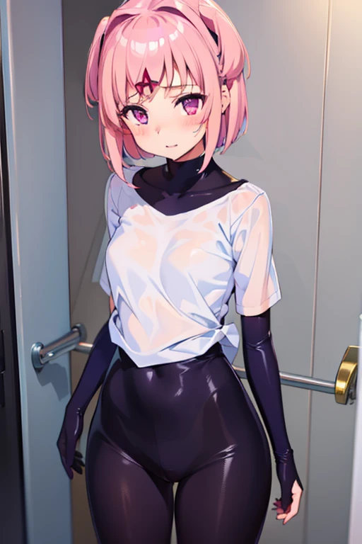 1girl, ((drenched)), ((soaked)), (dripping water), SoakingWetClothes, sagging clothes, wet body, wet all over, wet dripping hair, full body, (ddlcnatsuki, fang, hair ornament, pink hair, (purple eyes:1.1), short hair, short sidetail, swept bangs, x hair ornament), casual clothes, off shoulder shirt, oversized shirt, bra underneath, jeans, wet hair, bodysuit