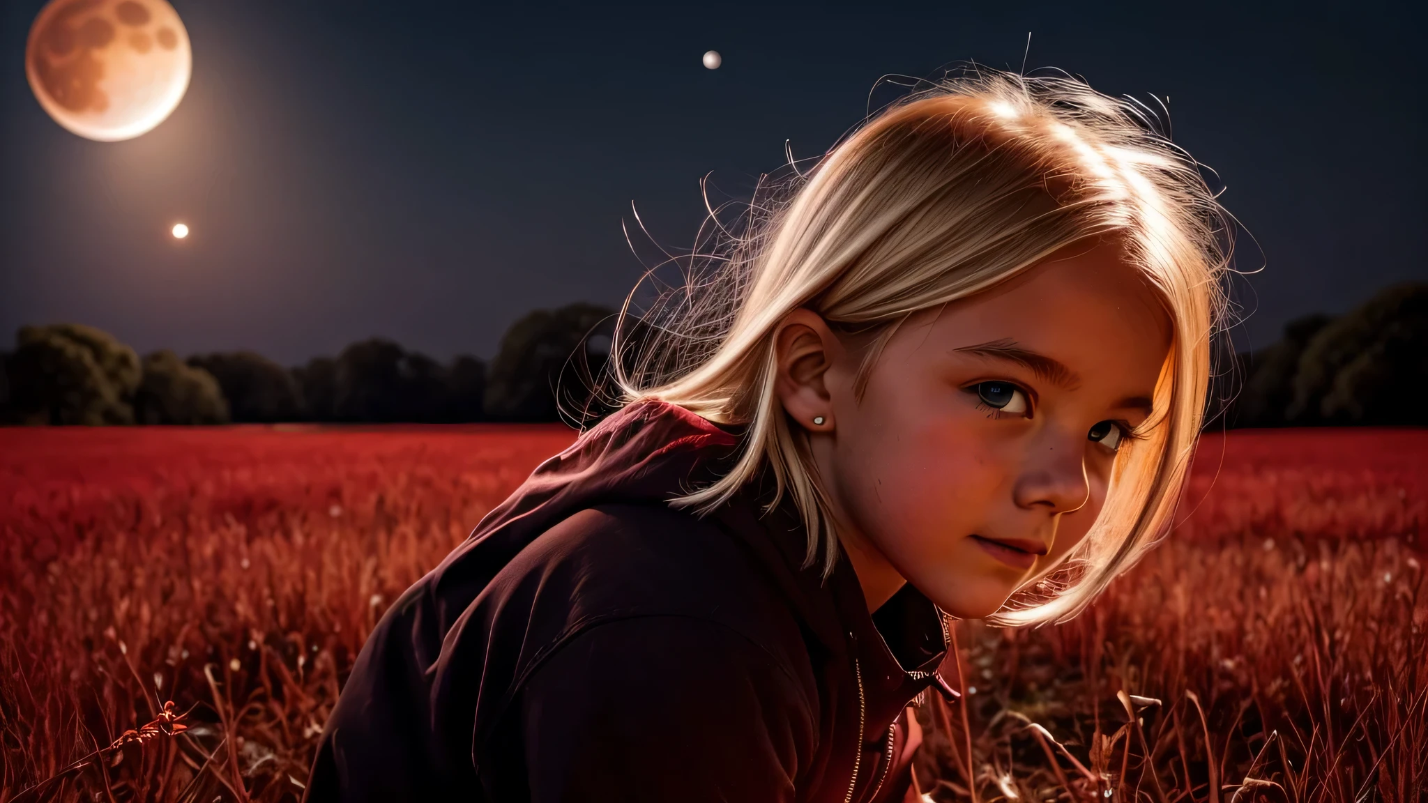  KIDS BLONDE CLOSE UP, a red full moon rising over a road in the middle of a field, epic red - orange moonlight, red moon, blood red moon, during a blood moon, blood moon, full red moon, full blood moon, huge red moon, blood moon background, full bloody moon, detailed crimson moon, red glow in sky, blood red cresent moon, blood moon eclipse