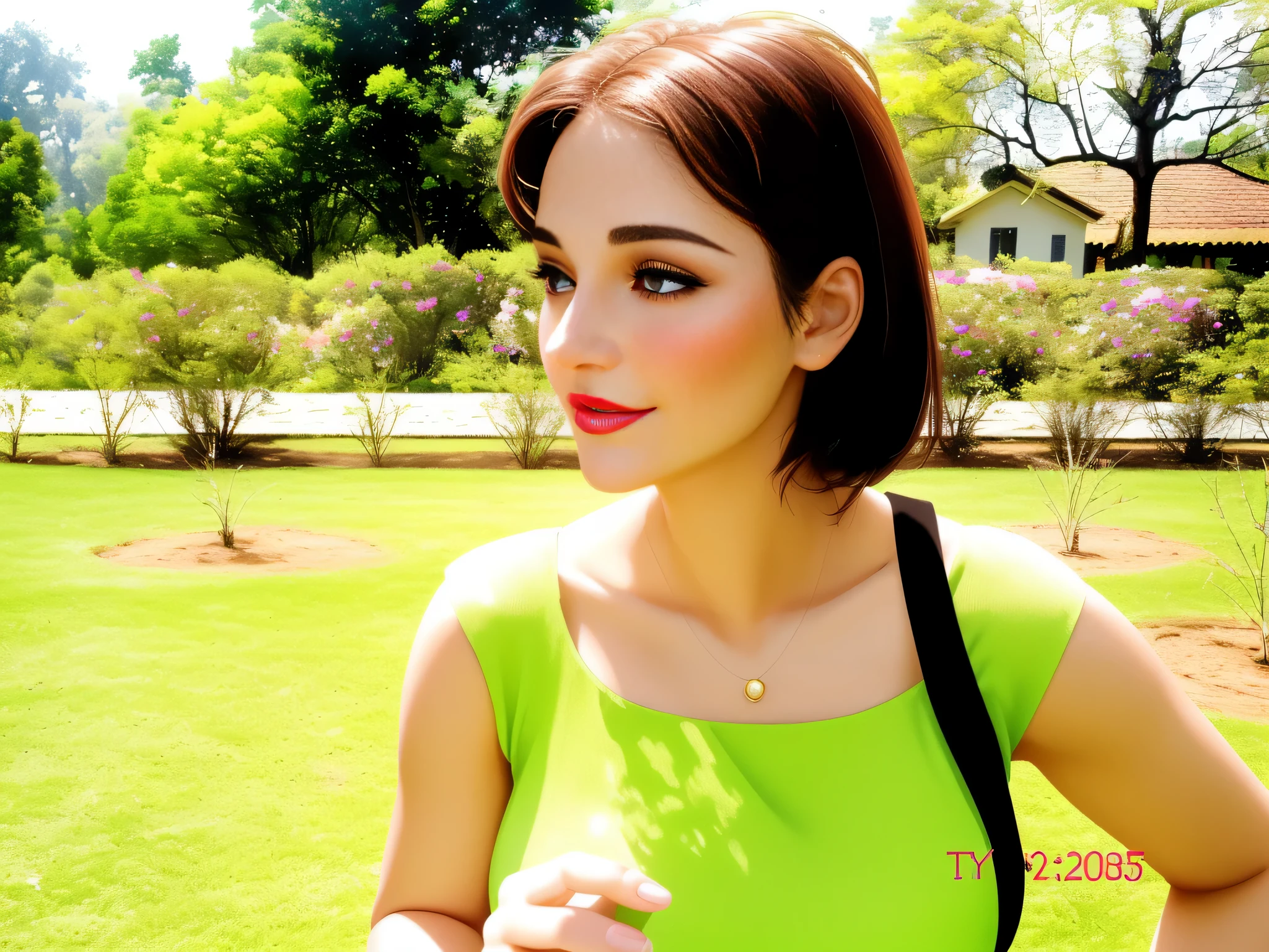 tem uma mulher parada num parque segurando um celular, em um parque, Uma mulher com pele branca bronzeada e cabelos escuros. ela tem cerca de 35 anos. Your slightly plump lips are like a delicate flower, o marrom escuro dela, olhos grandes e encantadores parecem conter um mundo de maravilhas. Corpo fino. cintura fina. Your body exudes glamor and your face is the definition of beauty. teste, Altamente realista, pele avermelhada, Lindo, soft lips, batom cor de rosa, sorridente, feeling of lightness and joy, hiperrealismo, pele muito elaborada, olhar direto. foto de corpo inteiro, Limpar foto, alta qualidade, high resolution, obra de arte, 8k