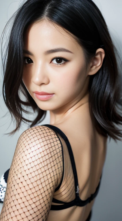 (masterpiece)、white micro bikini,sexy pose,,thin,glowing skin,beautiful face,double eyelid,cool face,medium hair,black hair,black eye,Mountain,Mysterious,high quality,realistic,Beautiful woman,gravure,adult woman,Japanese,Fishnet tights、no makeup、