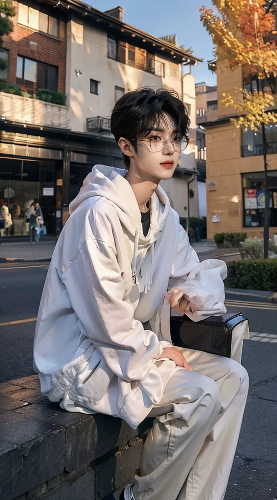 4K works , masterpiece , top quality , high-level image quality ,Attractive and sexy face , Slimbody , Height 175 cm , clear, bright brown eyes ,Black glasses , Attractive and sexy wide slacks fashion , Men's fashion , Casual fashion , Korean Boy , 20 years old , Korean makeup , Handsome Men , handsome nose , Detailed eyes and faces , textured skin , bright smile , like a celebrity , small face , everyday photos , Soft lighting and warmth , realistic details , full body shot , Autumn street with falling leaves , Celebrities' blonde hair styles