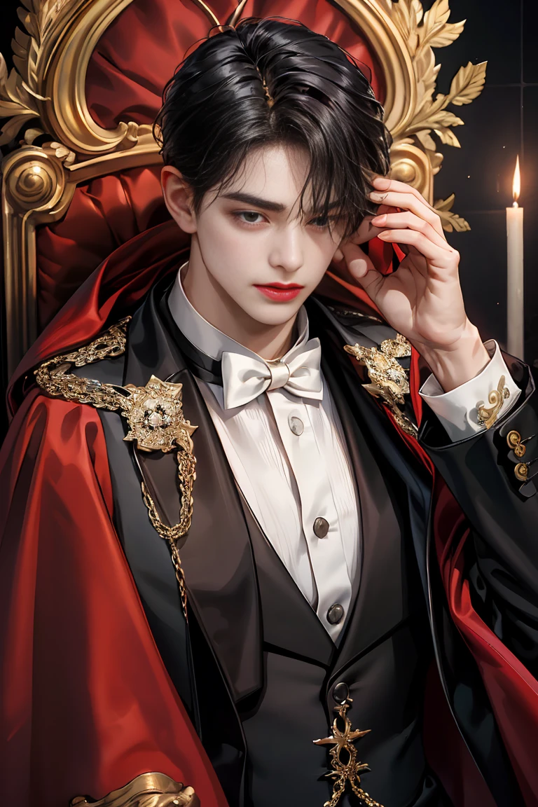 
masterpiece, 最high quality, high quality, 1 boy, alone, male focus, looking at the viewer, whole body, Winning spirit_destiny, Dirty black hair, blue adorable big eyes, white people, Noble, Noble, Noble的な吸血鬼、classy tuxedo,with a big collar、very large and long red and black cloak, 20-year-old,cute beautiful boy,cute cute crying face
