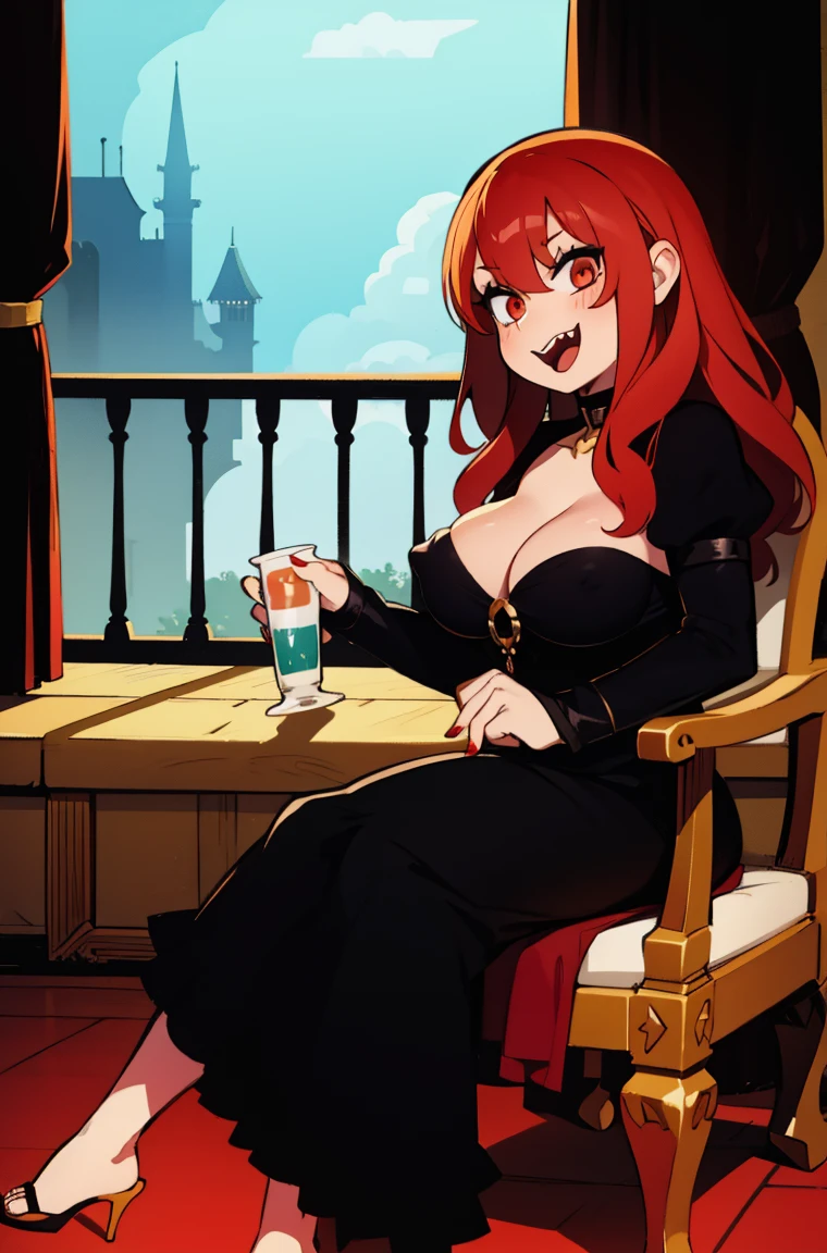 (A girl,vampire,Red and black princess dress,Red hair with black locks,bright red eyes,sharp fangs,She sits in her old castle....,laughing,With thick thick hair,soio),oil painting,Dark and mysterious atmosphere,Gothic style,dramatic lighting,rich, vibrant colours,downy, warm tones, huge breasts, no bra, hard nipples through shirt