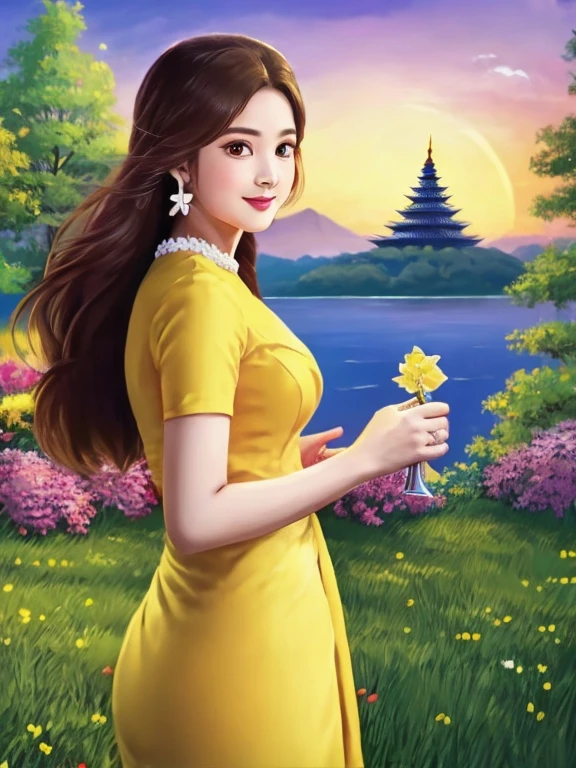 masterpiece, best quality, girl, solo, ((mature female)),, long hair, hair, princess,(upper yellow lower purple) silk dress black dress(dress) (golden dress) fantasy, happy, looking at viewer, cartoon, anime, (oil painting)Burmese girl, 18 years old, Bagan pagoda view background, clear Hd 8k