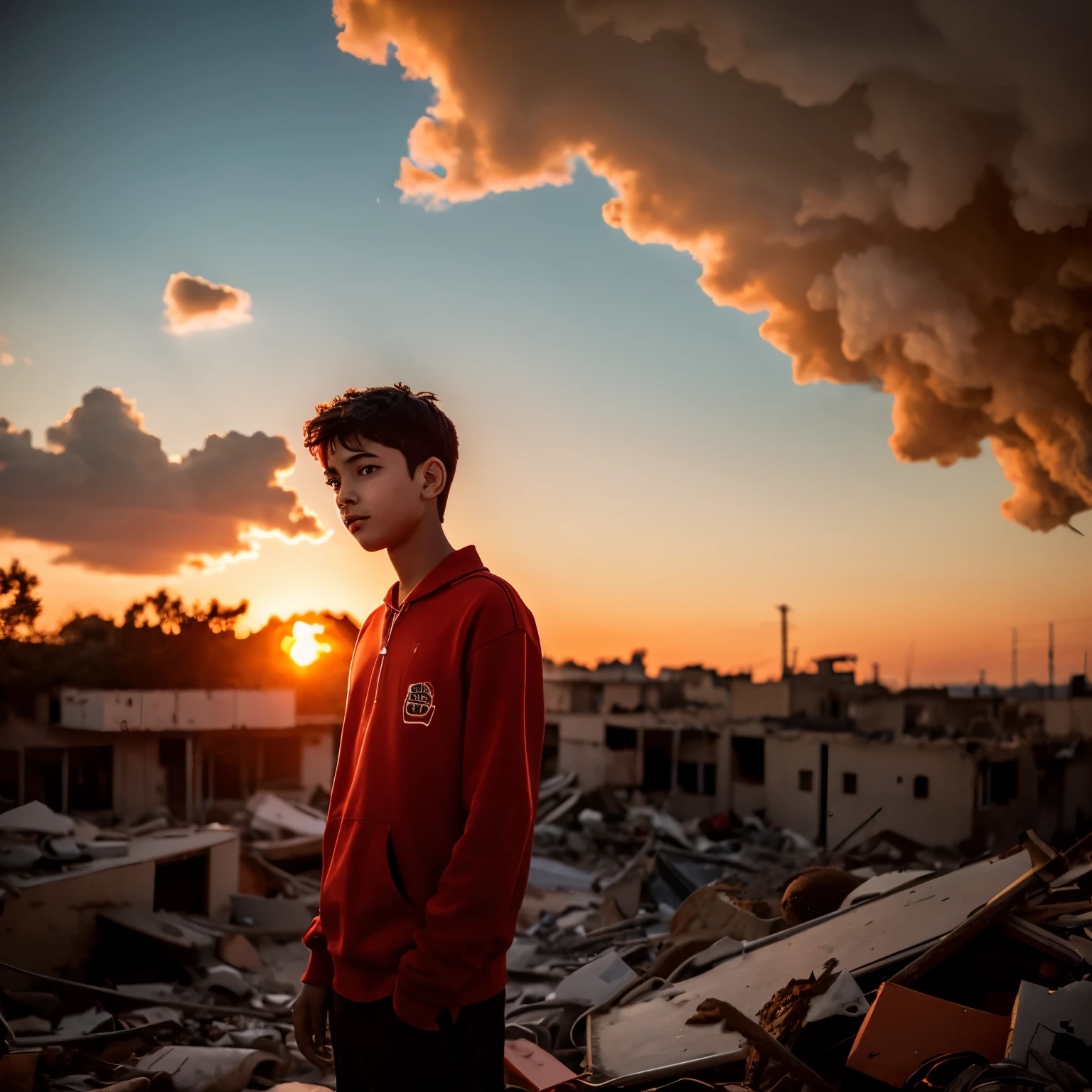 Red-themed 16-year-old boy outdoors in the yellowish sunset amidst the destruction of war