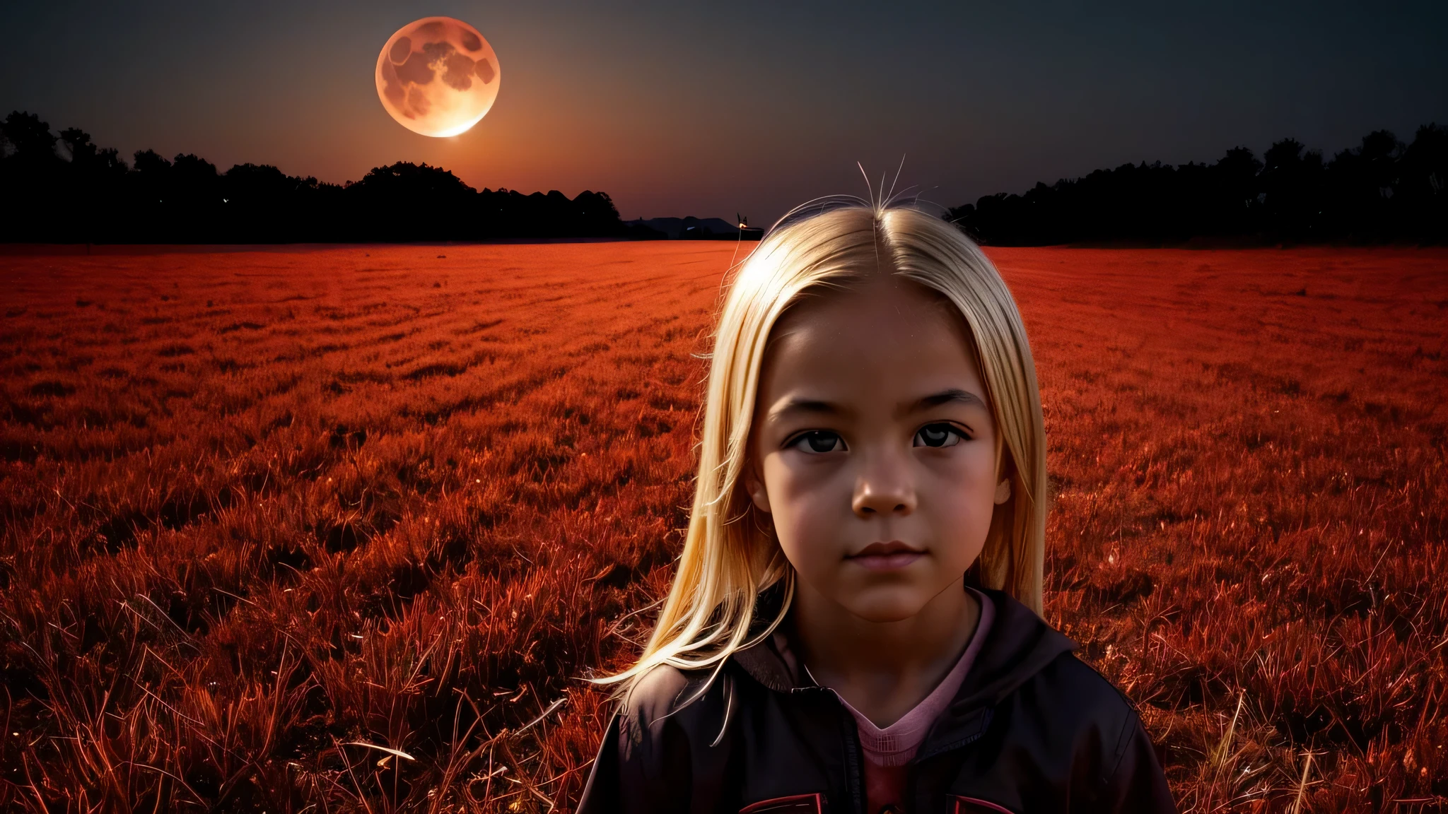 KIDS BLONDE CLOSE UP, a red full moon rising over a road in the middle of a field, epic red - orange moonlight, red moon, blood red moon, during a blood moon, blood moon, full red moon, full blood moon, huge red moon, blood moon background, full bloody moon, detailed crimson moon, red glow in sky, blood red cresent moon, blood moon eclipse