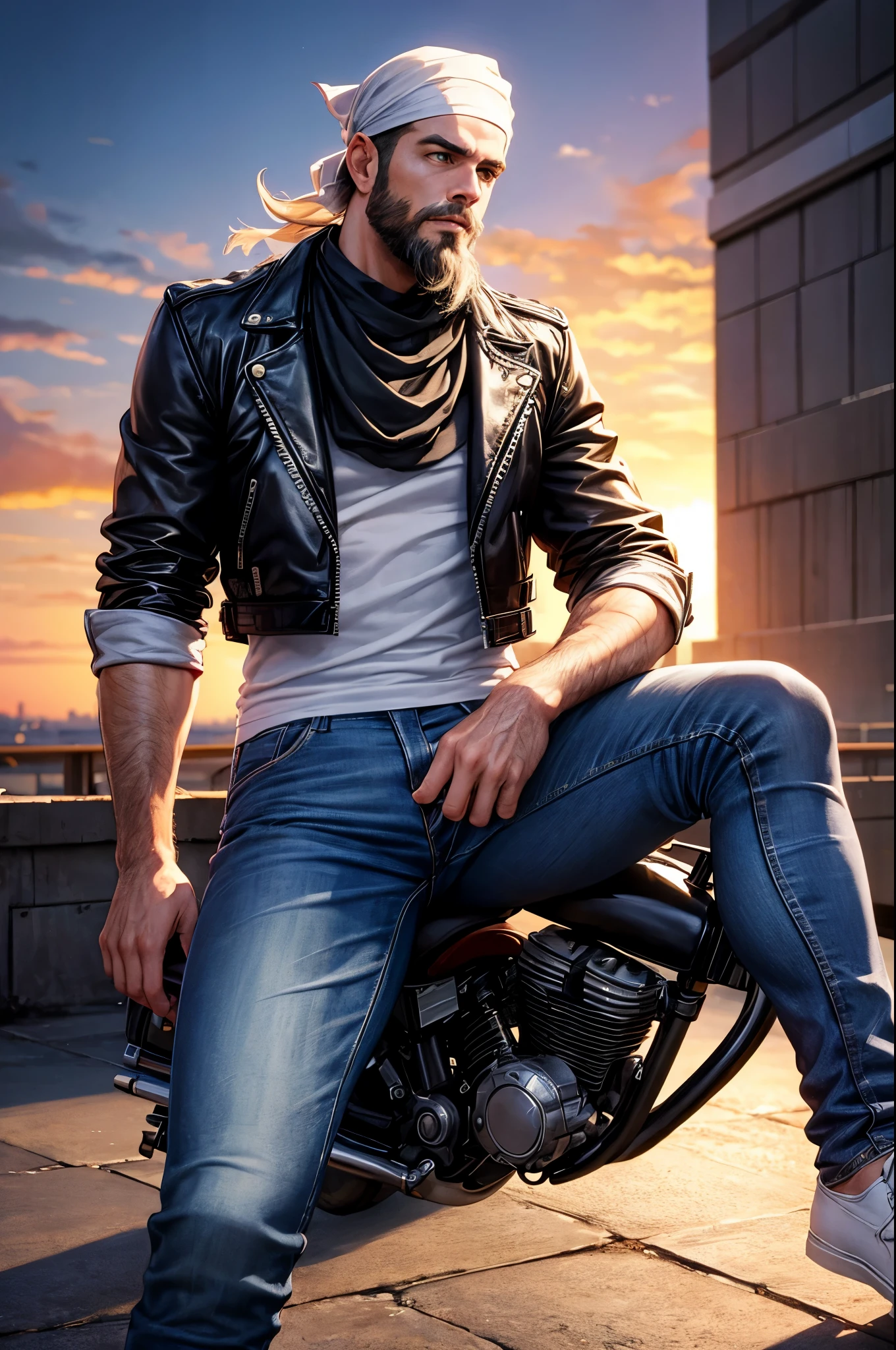 (masterpiece, best quality), 1boy, 20 years old, rider, (realism: 1.2), (anatomy: 0.8), (nfsw: 0.5), (leather jacket, side cuting, jeans, white shoes, scruffy beard, bandana), sitting on a bike , rifal in hand, sunset in the background, wind in his hair, intense gaze, determined expression, blurred landscape in the distance, high resolution, vivid colors.